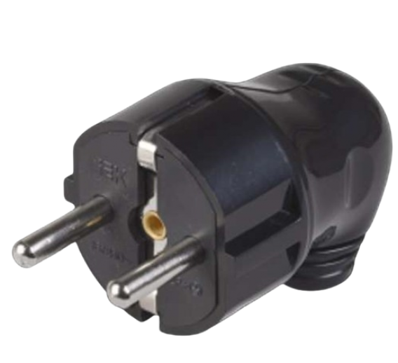 Elektros prekės. Instaliacinės medžiagos, gofros, dėžutės. Kištukai, lizdai. Kištukas kampu su įžeminimu, juodas 