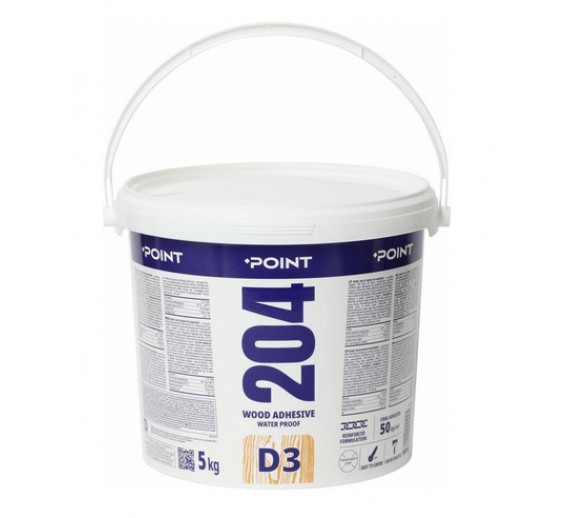 Dažai. Glaistas, gruntas, klijai, skiedikliai. Klijai. Klijai medienai POINT 204 D3 skaidrūs, 5 kg 