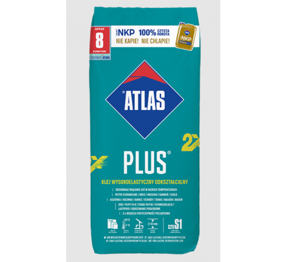 Statybinės medžiagos. Fasadiniai ir plytelių klijai. Plytelių klijai. Klijai plytelėms ATLAS PLUS NOWY 25 kg 
