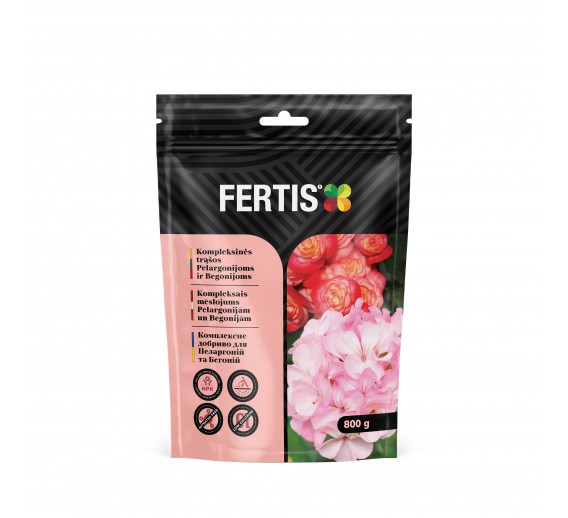 Sodo ir daržo prekės. Trąšos ir durpių substratai. Trąšos. Birios trąšos. Kompleksinės trąšos pelargonijoms ir begonijoms FERTIS 800 g 