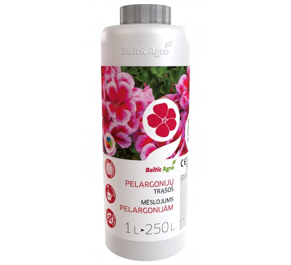 Sodo ir daržo prekės. Trąšos ir durpių substratai. Trąšos. Skystos trąšos. Koncentruotos trąšos pelargonijoms BALTIC AGRO, 1 L