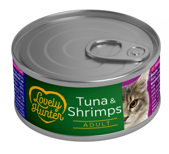 Gyvūnų prekės. Gyvūnėlių priežiūros priemonės. Naminių gyvūnų maistas. Konservuotas ėdalas katėms su tunu ir krevetėmis, 85g 