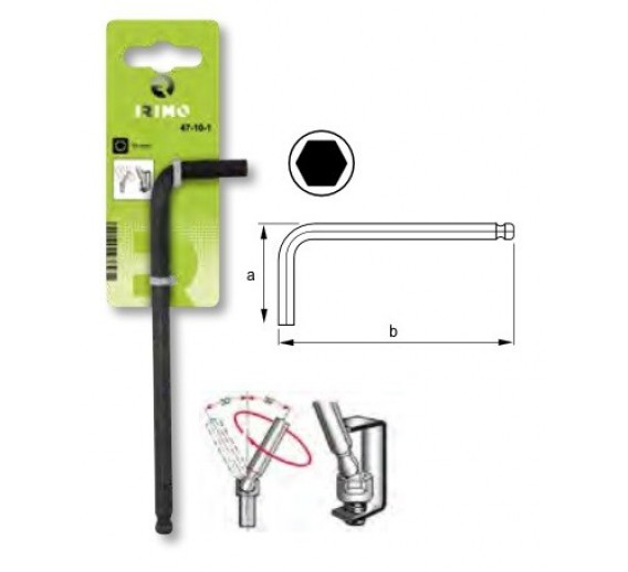 Darbo įrankiai. Mechaniniai įrankiai. Raktai, terkšlės, sukimo galvutės. Šešiakančiai raktai. L-formos Hex raktas suapvalinta galvute 4 mm 28x102 mm 