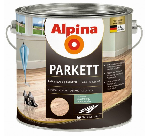 Dažai. Medienos apsaugos ir dekoravimo priemonės. Lakas. Lakas ALPINA PARKETT šilko matinis  2.5l 