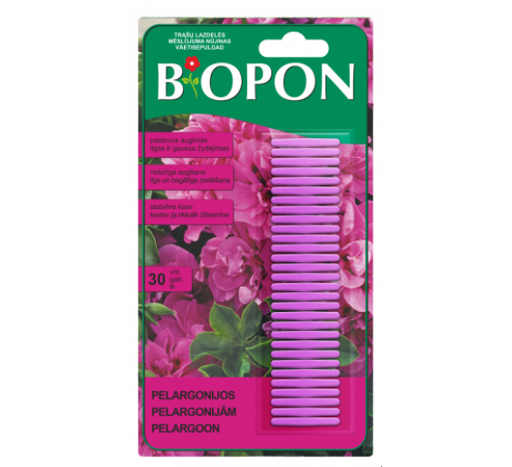 Sodo ir daržo prekės. Trąšos ir durpių substratai. Trąšos. Birios trąšos. Lazdelės pelargonijoms Biopon, 30vnt 