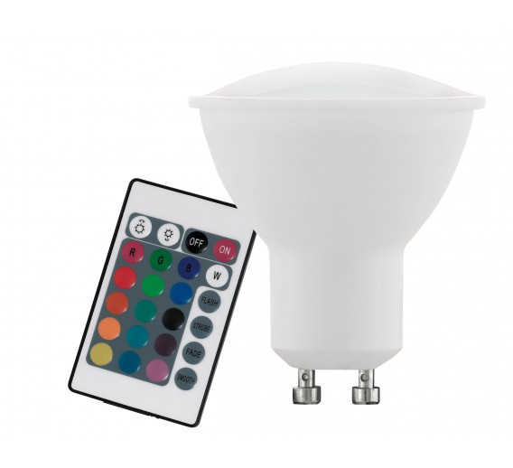 Apšvietimas. Lempos, LED lemputės, LED juostos. LED lemputės. LED lempos GU10 cokoliu. LED RGB lemputė EGLO 10686 4W GU10 su pulteliu 