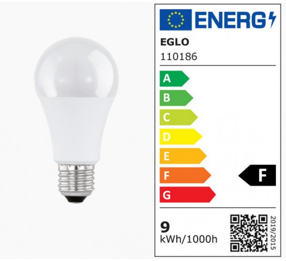 Apšvietimas. Lempos, LED lemputės, LED juostos. LED lemputės. LED lemputės E27 cokoliu. Lemputė LED A60 9W 2700K EGLO 110186 