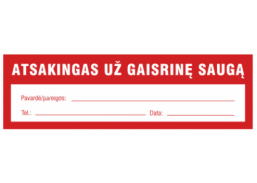 Darbo saugos prekės. Saugos ženklai, aptvėrimo juostos. Lipdukas Atsakingas už gaisrinę saugą 90x270 mm 
