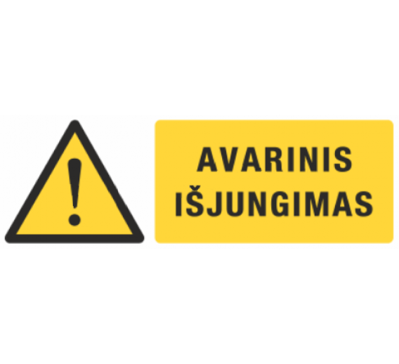 Darbo saugos prekės. Saugos ženklai, aptvėrimo juostos. Lipdukas Avarinis išjungimas 100x300 mm 
