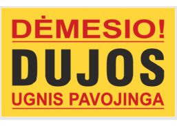 Darbo saugos prekės. Saugos ženklai, aptvėrimo juostos. Lipdukas dujos ugnis pavojinga 210x310 mm 