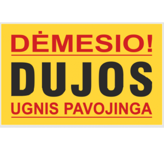 Darbo saugos prekės. Saugos ženklai, aptvėrimo juostos. Lipdukas dujos ugnis pavojinga 210x310 mm 