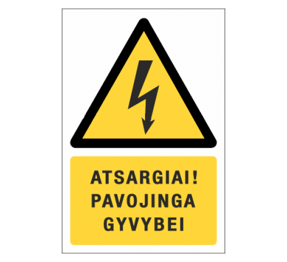 Darbo saugos prekės. Saugos ženklai, aptvėrimo juostos. Lipdukas ISPL/08 Atsargiai! Pavojinga gyvybei! 200X300 mm 