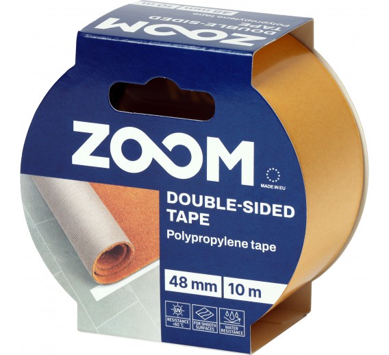 Vidaus apdailos prekės. Pakavimo, izoliacinės, lipnios juostos. Dvipusio lipnumo juostos. Lipni dvipusė polipropileninė juosta 48mm x 10m ZOOM