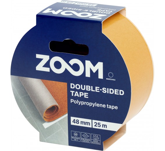 Vidaus apdailos prekės. Pakavimo, izoliacinės, lipnios juostos. Dvipusio lipnumo juostos. Lipni dvipusė polipropileninė juosta 48mm x 25m ZOOM