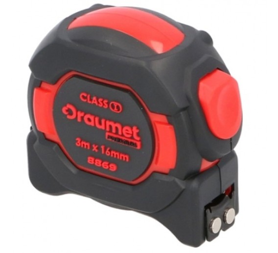 Darbo įrankiai. Mechaniniai įrankiai. Ruletės, matavimo juostos, slankmačiai. Ruletės. Magnetinė ruletė Draumet EG-8869, 1 klasė, 3 m 