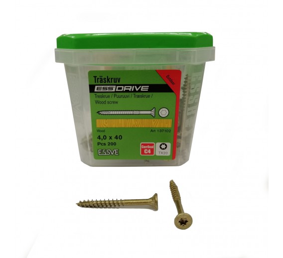 Tvirtinimo detalės. Medsraigčiai, savisriegiai, savigręžiai. Medsraigčiai ESSVE. Medsraigčiai Essve fasadui - terasai. Medsraigčiai CUTTERS 4x40 mm fasadui-lauko sąlygomis 