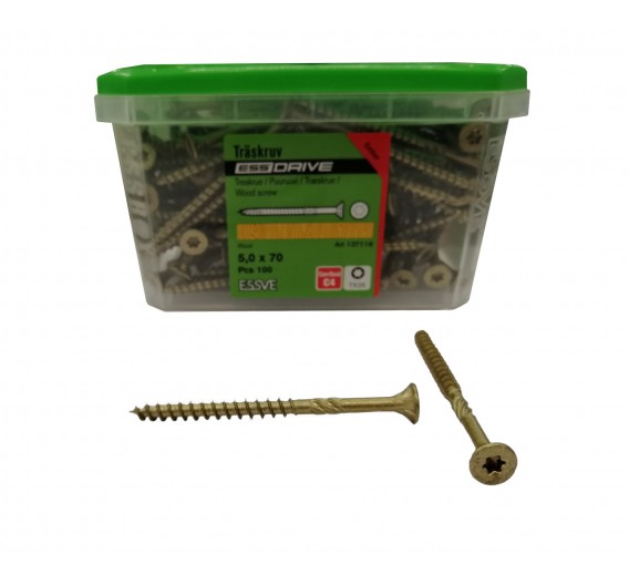 Tvirtinimo detalės. Medsraigčiai, savisriegiai, savigręžiai. Medsraigčiai ESSVE. Medsraigčiai Essve fasadui - terasai. Medsraigčiai CUTTERS 5x70 mm fasadui-lauko sąlygomis 