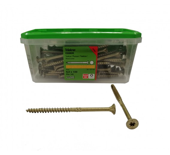 Tvirtinimo detalės. Medsraigčiai, savisriegiai, savigręžiai. Medsraigčiai ESSVE. Medsraigčiai Essve fasadui - terasai. Medsraigčiai CUTTERS 6x100 mm fasadui-lauko sąlygomis 