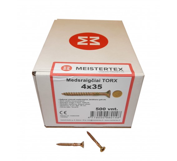 Tvirtinimo detalės. Medsraigčiai, savisriegiai, savigręžiai. Medsraigčiai PRX įleidžiama TORX galva. Medsraigčiai TORX 4 x 25 geltoni, įleidžiama galva, 500 vnt. 