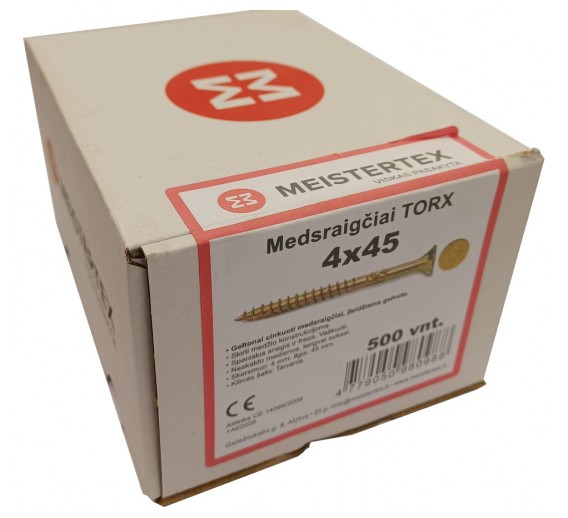 Tvirtinimo detalės. Medsraigčiai, savisriegiai, savigręžiai. Medsraigčiai PRX įleidžiama TORX galva. Medsraigčiai TORX 4 x 45 geltoni, įleidžiama galva, 500 vnt. 