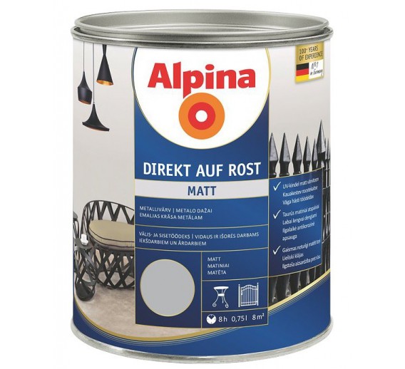 Metalo dažai Alpina Direkt auf Rost mat helgrau RAL7001, 0,75l 