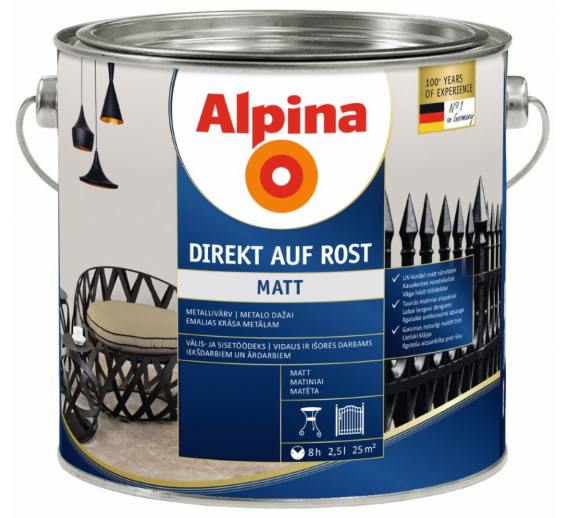 Dažai. Dažai, dažymo įrankiai, dažymo juostos. Metalo dažai. Metalo dažai Alpina Direkt auf Rost mat juodi, 2,5l 