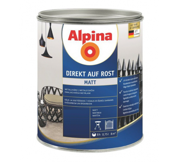 Dažai. Dažai, dažymo įrankiai, dažymo juostos. Metalo dažai. Metalo dažai Alpina Direkt auf Rost mat juodi RAL9005, 0,75l 