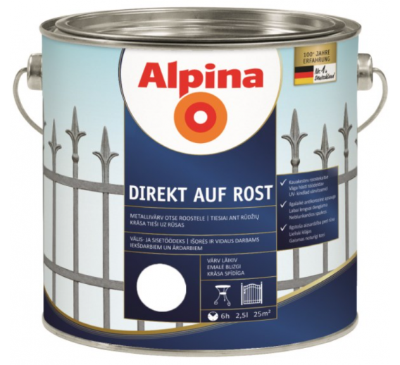 Dažai. Dažai, dažymo įrankiai, dažymo juostos. Metalo dažai. Metalo dažai Direkt auf Rost baltos sp. 2.5 l 