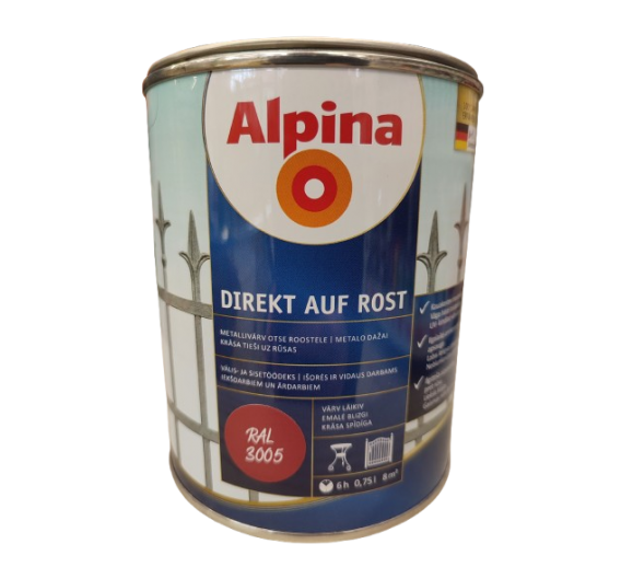Dažai. Dažai, dažymo įrankiai, dažymo juostos. Metalo dažai. Metalo dažai Direkt auf Rost bordo RAL3005 0.75 l 