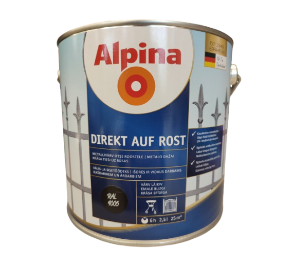 Dažai. Dažai, dažymo įrankiai, dažymo juostos. Metalo dažai. Metalo dažai Direkt auf Rost juodos sp. 2.5 l 