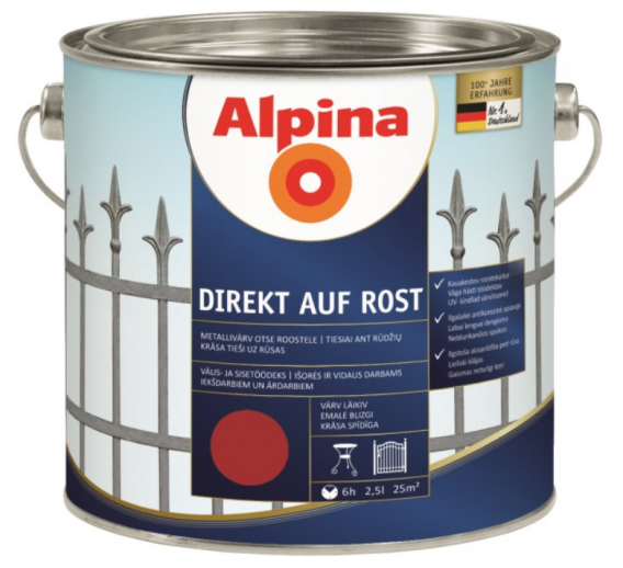Dažai. Dažai, dažymo įrankiai, dažymo juostos. Metalo dažai. Metalo dažai Direkt auf Rost raudonos sp. 2.5 l 