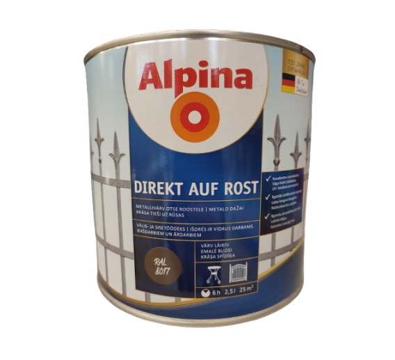 Dažai. Dažai, dažymo įrankiai, dažymo juostos. Metalo dažai. Metalo dažai Direkt auf Rost t.ruda RAL8017 2.5 l 