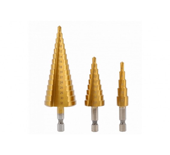 Darbo įrankiai. Įrankių priedai. Grąžtai metalui. Pakopiniai grąžtai metalui. Metalo grąžtų komplektas HT6D325 3 vnt. 4-32 mm 