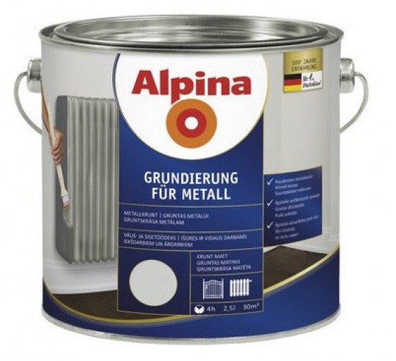 Dažai. Glaistas, gruntas, klijai, skiedikliai. Gruntai. Gruntas metalui. Metalo gruntas ALPINA METALLGRUND 2,5l 