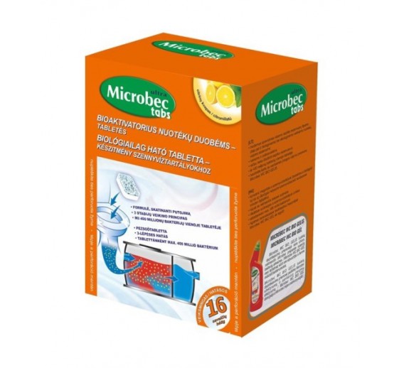 Švaros prekės. Priemonės lauko tualetams. Microbec tabletė nuotekų duobėms 20g 