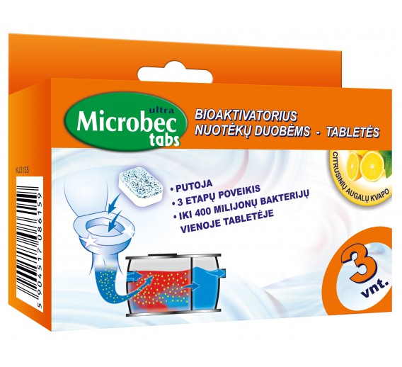 Švaros prekės. Priemonės lauko tualetams. Microbec tabletė nuotekų duobėms, 3x20g 