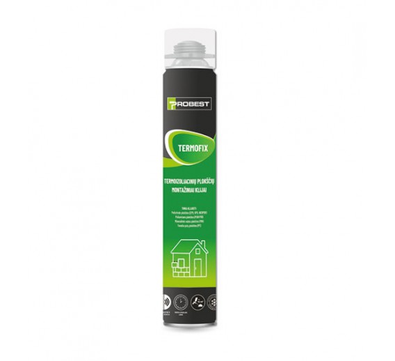 Vidaus apdailos prekės. Hermetikai, montavimo putos, sandarinimo juostos. Sandarinimo, montavimo putos. Montavimo putos klijai PROBEST TERMOFIX 750ml 