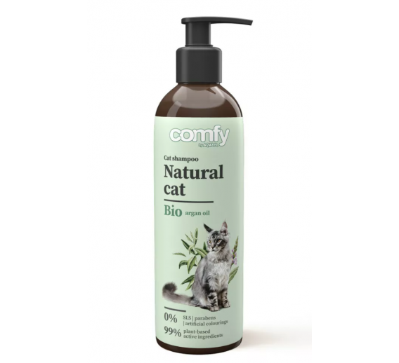 Gyvūnų prekės. Gyvūnėlių priežiūros priemonės. Apsauginės priemonės nuo parazitų naminiams gyvūnams. Natūralus šampūnas katėms Comfy 250ml