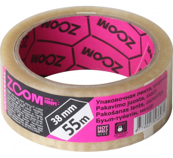 Vidaus apdailos prekės. Pakavimo, izoliacinės, lipnios juostos. Pakavimo juostos, pakavimo medžiagos. Pakavimo juosta 38mm x 55m skaidri ZOOM