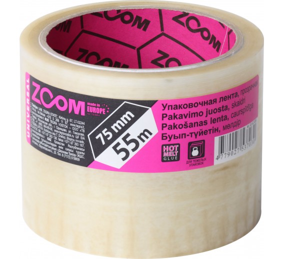 Vidaus apdailos prekės. Pakavimo, izoliacinės, lipnios juostos. Pakavimo juostos, pakavimo medžiagos. Pakavimo juosta 75mm x 55m skaidri ZOOM