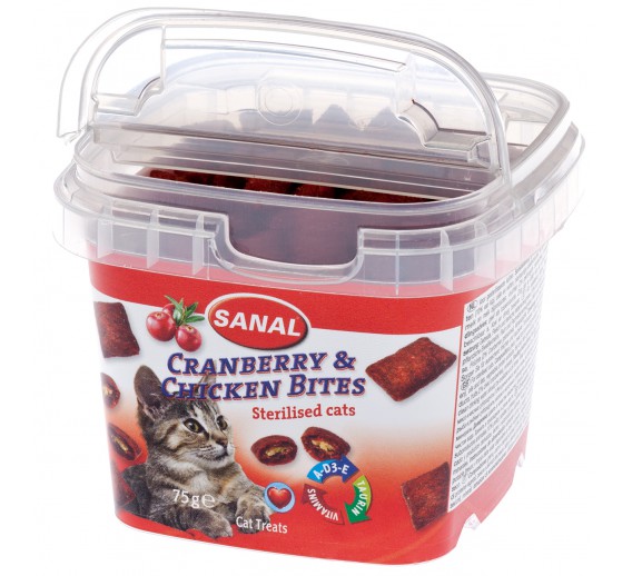 Gyvūnų prekės. Gyvūnėlių priežiūros priemonės. Naminių gyvūnų maistas. Pašaro papildas katėms Sanal Cranberry Bites Cup 75 g 