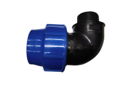 Santechnikos prekės. Vamzdynų sistemos. Lauko vandentiekis. Plastikinės lauko vandentiekio jungtys. PE alkūnė 90° išorinis sriegis 50x1 1/2