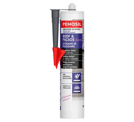 Vidaus apdailos prekės. Hermetikai, montavimo putos, sandarinimo juostos. Kiti hermetikai. PENOSIL stogų ir fasadų hermetikas pilkas 290ml 