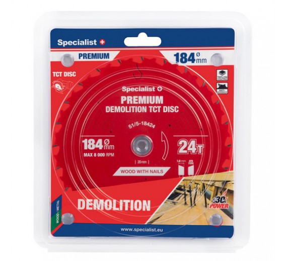 Darbo įrankiai. Įrankių priedai. Diskai diskiniams pjūklams. Pjovimo diskas 184x24Tx20 Demolition Specialist+ 