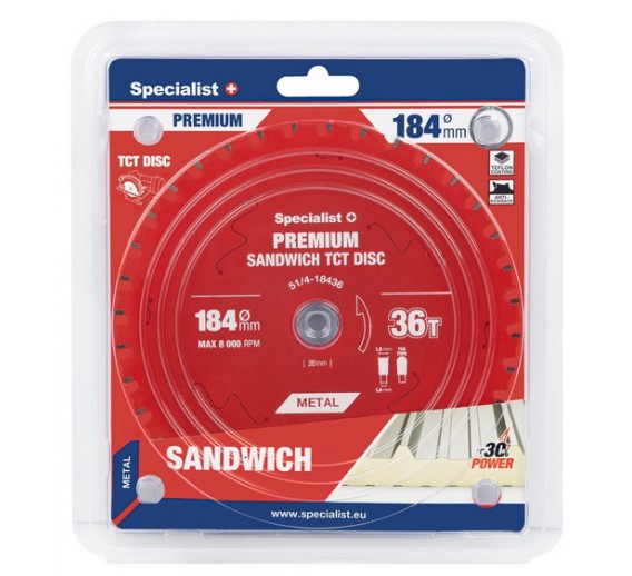 Darbo įrankiai. Įrankių priedai. Diskai diskiniams pjūklams. Pjovimo diskas 184x36Tx20/16 Sandwich Specialist+ 