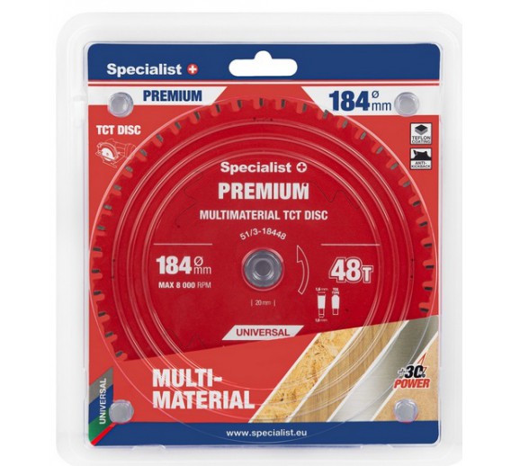 Darbo įrankiai. Įrankių priedai. Diskai diskiniams pjūklams. Pjovimo diskas 184x48Tx20/16 Multimaterial Specialist+ 