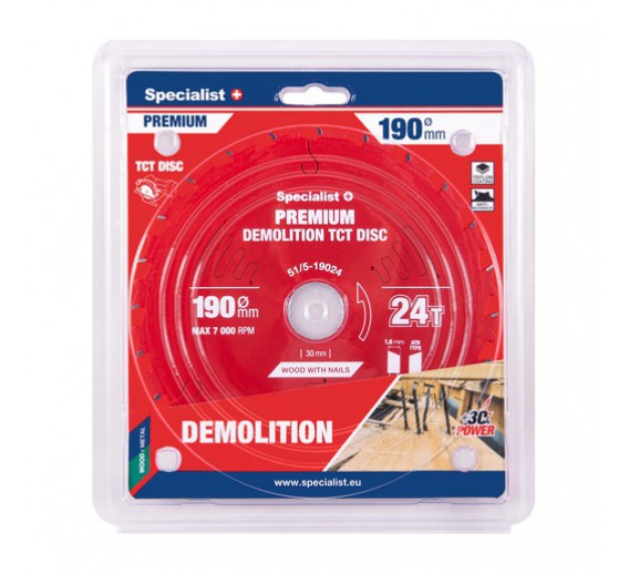Darbo įrankiai. Įrankių priedai. Diskai diskiniams pjūklams. Pjovimo diskas 190x24Tx30 Demolition Specialist+ 