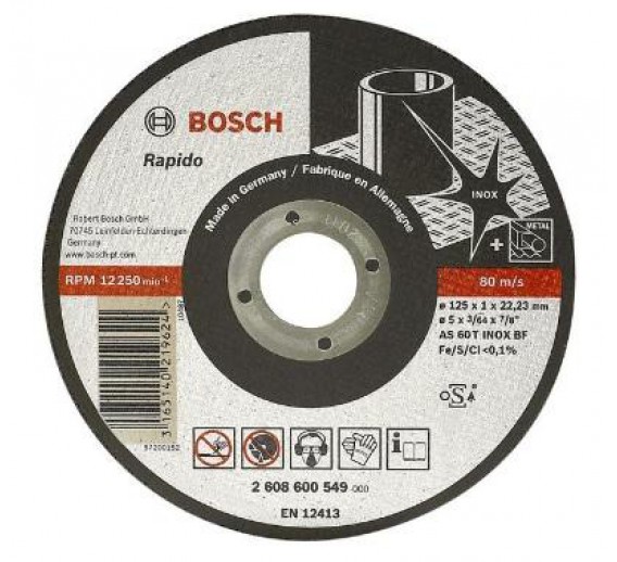 Darbo įrankiai. Įrankių priedai. Metalo pjovimo diskai. Pjovimo diskas nerūdijančiam plienui 125x2 BOSCH 2608600094 