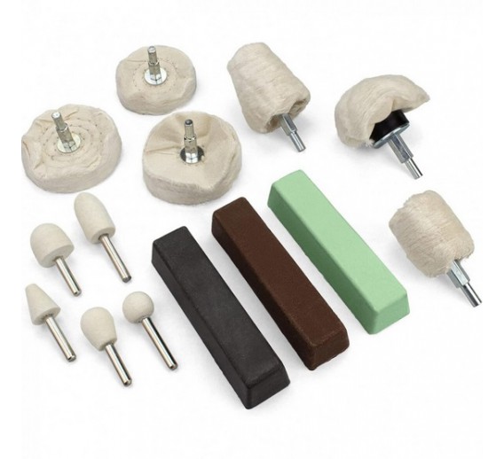 Darbo įrankiai. Įrankių priedai. Poliravimo medžiagos. Poliravimo rinkinys kietiems metalams 14vnt. 