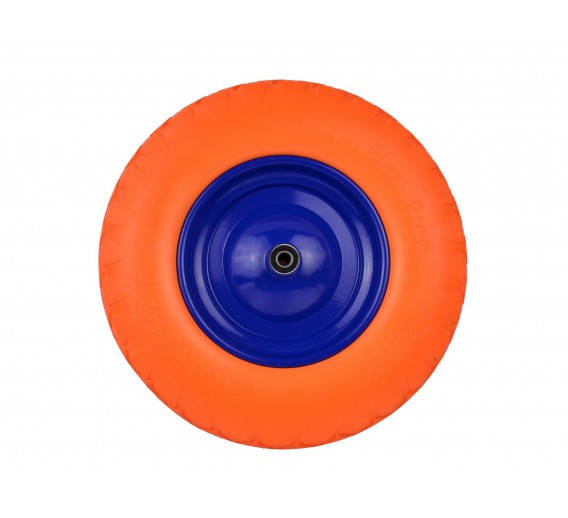 Poliuretaninis oranžinis ratas 4.00-8 mėlynu disku ir ašimi 